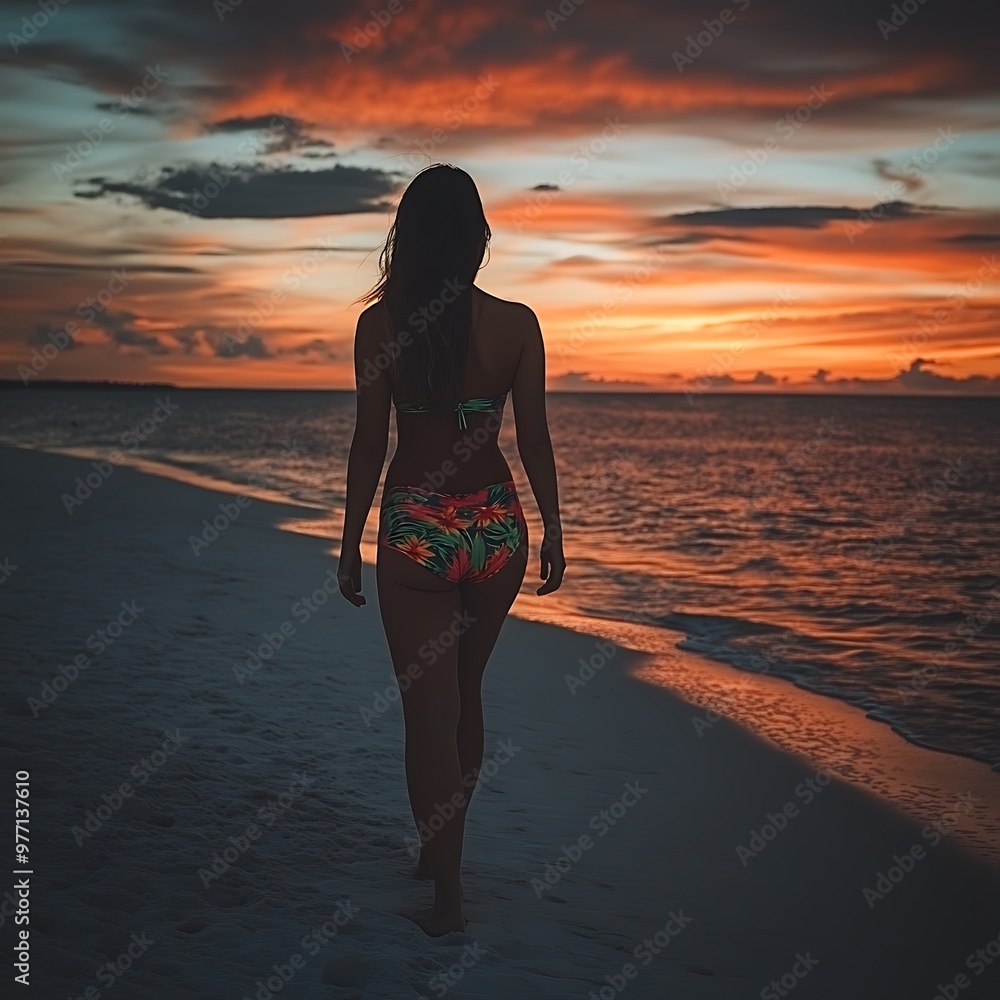 Sticker Silhouette of a Woman Walking on a Beach at Sunset.