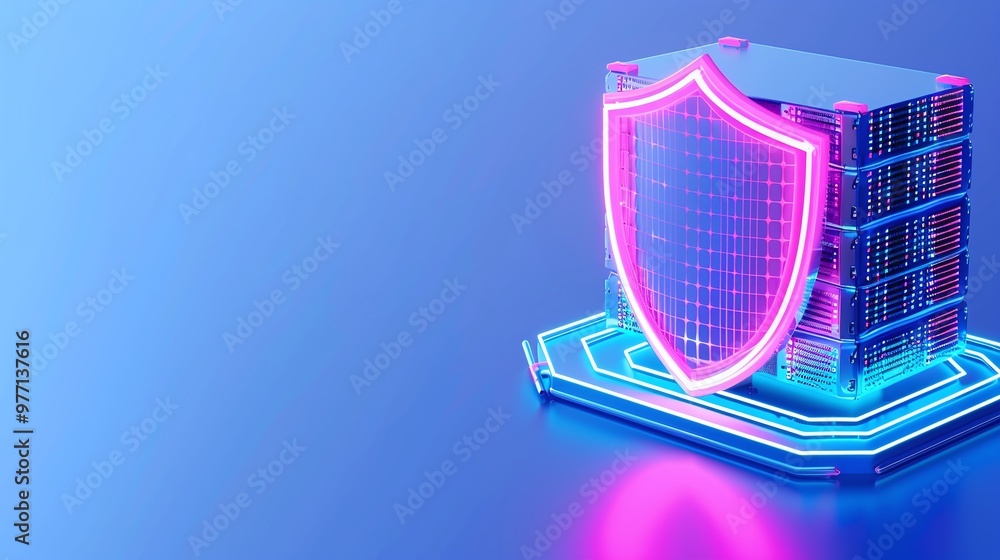 Poster a neon shield symbolizing cybersecurity protection over data storage in a digital environment.