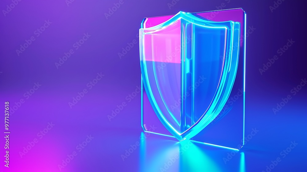 Poster a neon shield symbol representing protection and security in modern digital environments. ideal for 