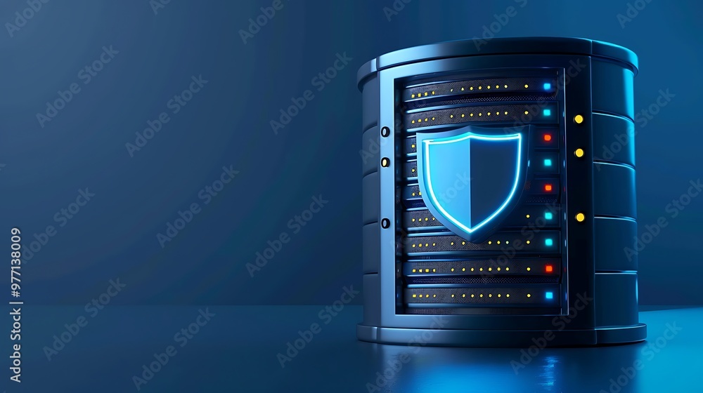 Poster a secure data server with a glowing shield symbol, representing advanced cybersecurity protocols in 