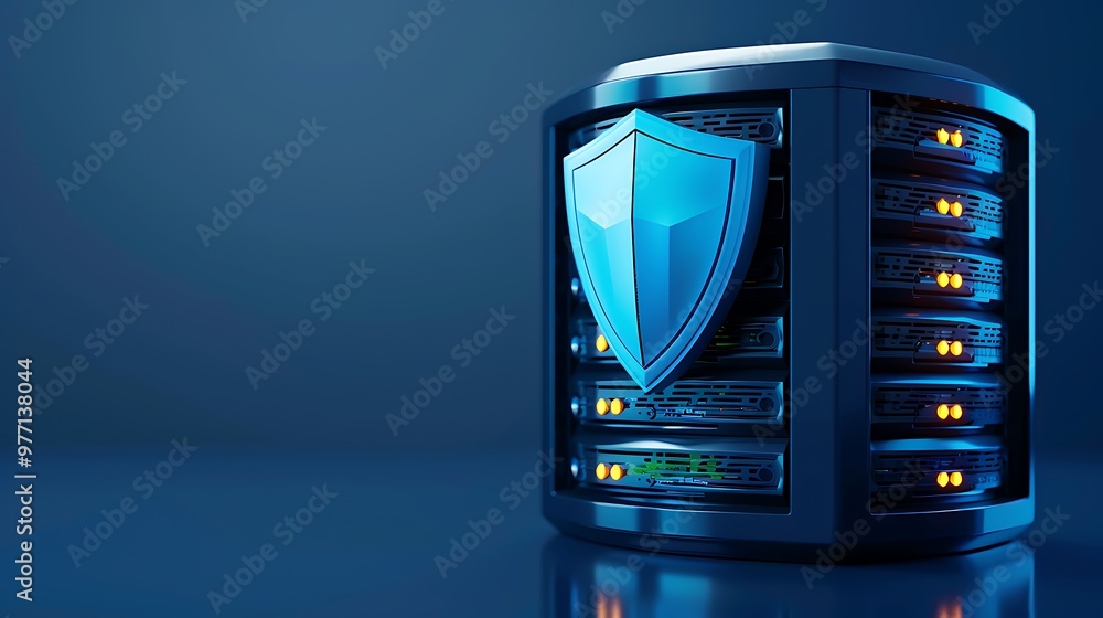 Poster a secure data server with a protective shield, symbolizing cybersecurity and data protection in a mo