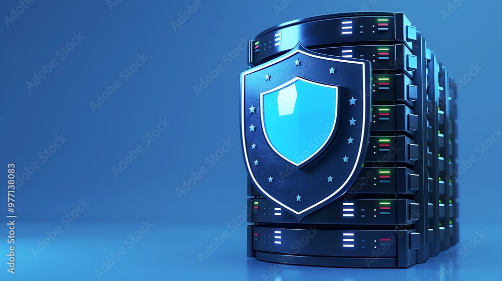 Poster a secure data server with a protective shield, symbolizing cybersecurity and digital protection in a