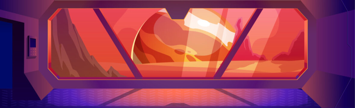 Space ship interior vector game sci-fi background, spacecraft shuttle window view on alien red planet surface, rocks
