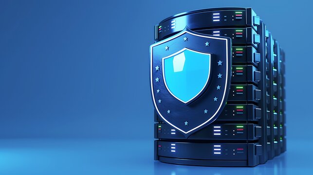 A secure data server with a protective shield, symbolizing cybersecurity and digital protection in a modern technology environment.