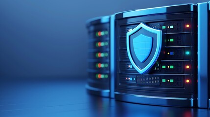 Fototapeta premium A secure data server with a shield emblem, representing cybersecurity and data protection in a modern, digital environment.