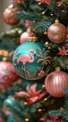 Fototapeta premium Phone wallpaper elegant tropical Christmas tree decorated with vibrant pink and green baubles, swan, palm leaves, tropical flowers, metallic butterfly accents, a neon purple flamingo figurine