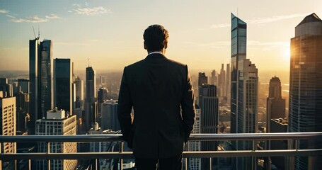 Top-floor office perspective of a wealthy young successful business man viewing the metropolis skyline at sunset. Business Concept. - Powered by Adobe