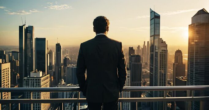Top-floor office perspective of a wealthy young successful business man viewing the metropolis skyline at sunset. Business Concept.