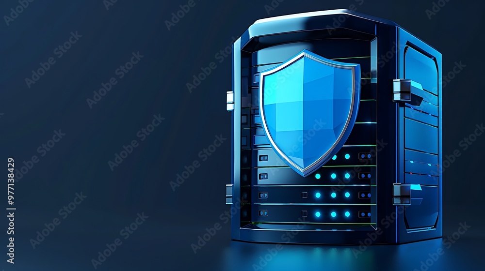Poster a secure data server with a shield symbol, representing cybersecurity and protection in digital envi