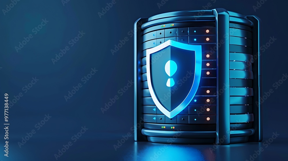 Poster a secure data server with a shield symbol, representing cybersecurity and data protection in a moder