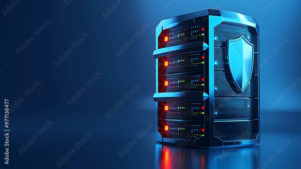 Poster a secure data server with advanced technology and protective shield, showcasing modern digital infra