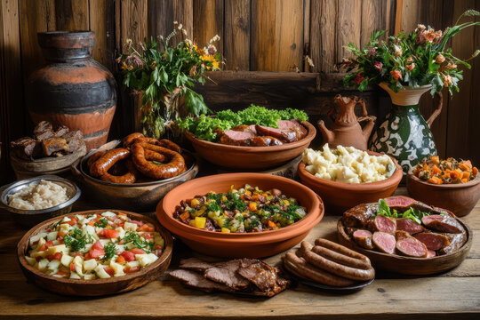 A rustic medieval-style table set with traditional Slavic dishes, including pierogi and meat. The background features an old wooden wall with texture.