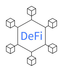 Obraz premium This graphic shows DeFi in blue text centered in a hexagon connected to six smaller cubes. Ideal for blockchain, cryptocurrency, financial technology, decentralized networks, digital finance.