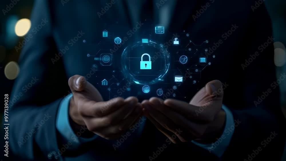 Poster businessman holding a glowing digital lock icon representing cybersecurity. secure data management a