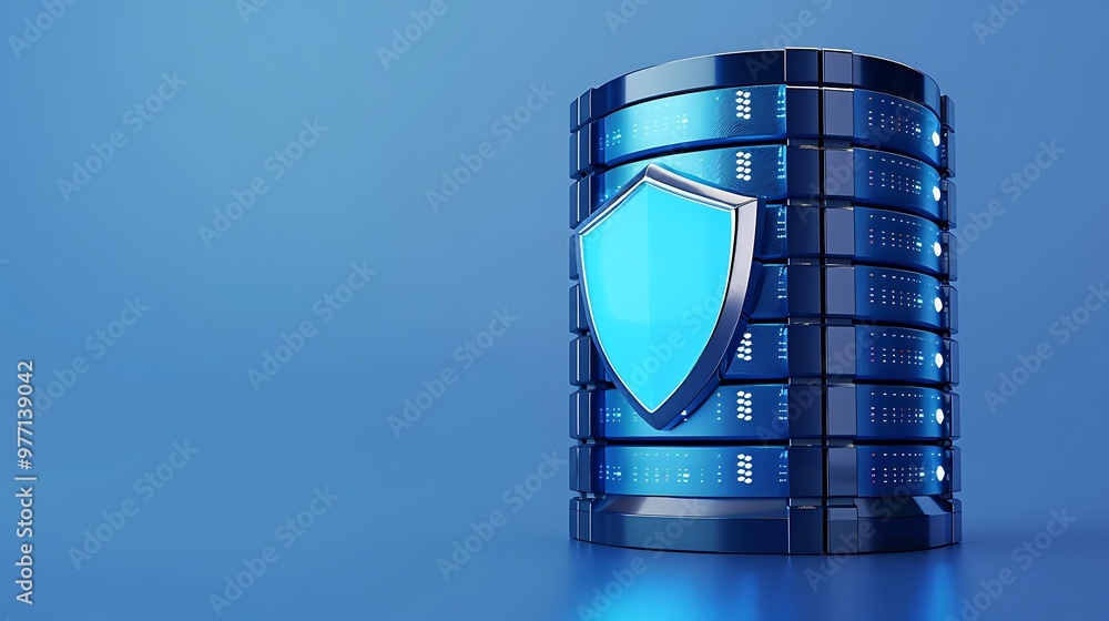 Poster a secure database with a blue shield symbol, representing data protection and cybersecurity in a dig