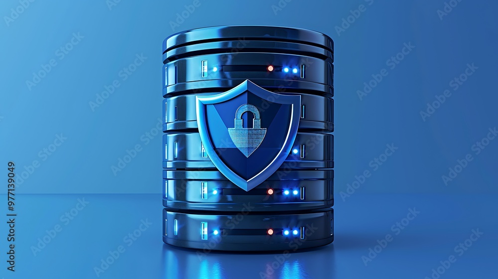 Poster a secure database with a protective shield, symbolizing cybersecurity and data protection in a digit