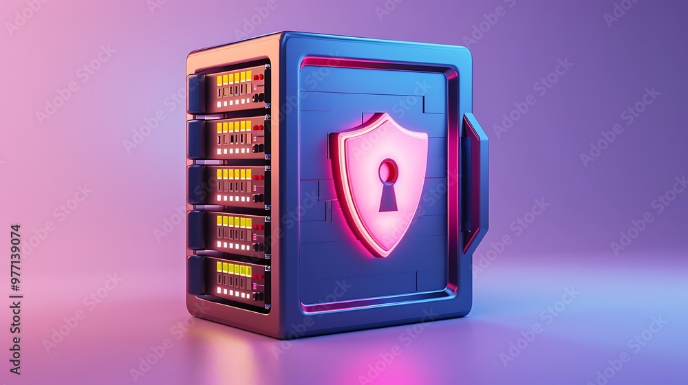 Poster a secure digital storage safe with vibrant neon lights, representing advanced data protection and cy