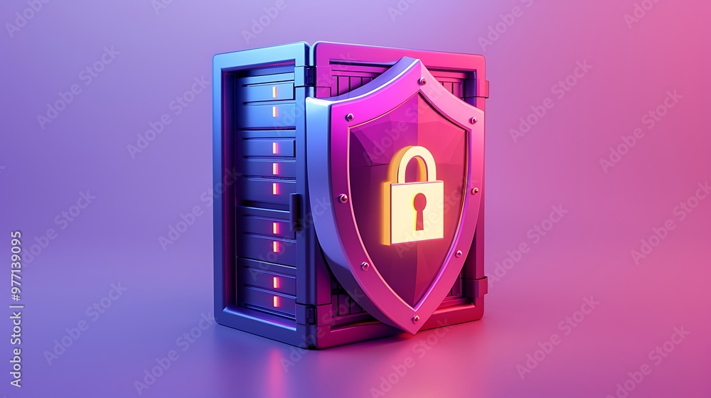 Poster a secure digital vault with a shield symbol, showcasing advanced cybersecurity and data protection t