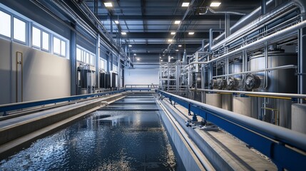 Obraz premium Inside a wastewater treatment facility, the equipment is actively engaged in treating and filtering wastewater. 