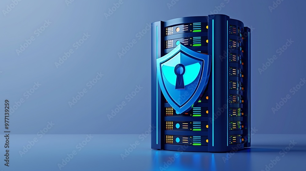 Poster a secure server featuring a shield symbol, representing data protection and cybersecurity in a moder