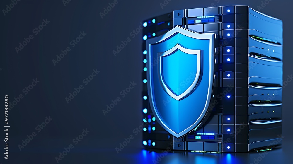Poster a secure server featuring a blue shield symbol, representing cybersecurity and data protection in a 