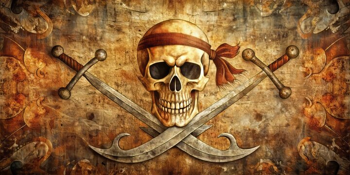 Rugged pirates' emblems, like crossed swords and anchors, confront dark stormy skies, their symbolism weathered and