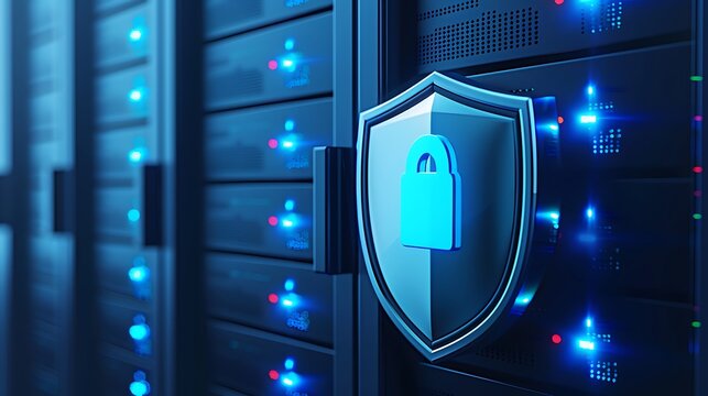 A secure server room featuring a digital padlock symbol, representing high-level cybersecurity and data protection.