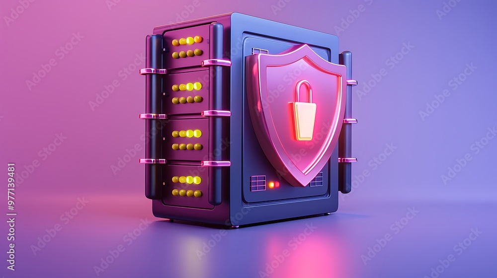 Poster a secure server unit with a shield emblem, symbolizing data protection and cybersecurity in a modern