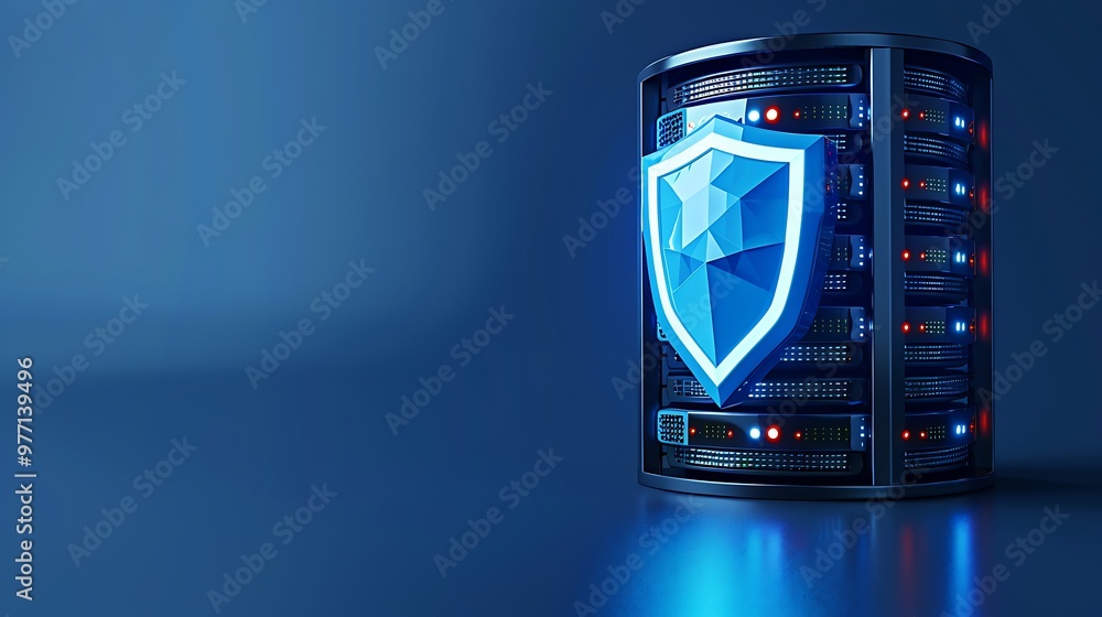 Poster a secure server with a blue shield logo represents advanced cybersecurity protection and data integr