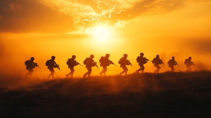Fototapeta premium Silhouettes of soldiers advancing against a backdrop of a setting sun.