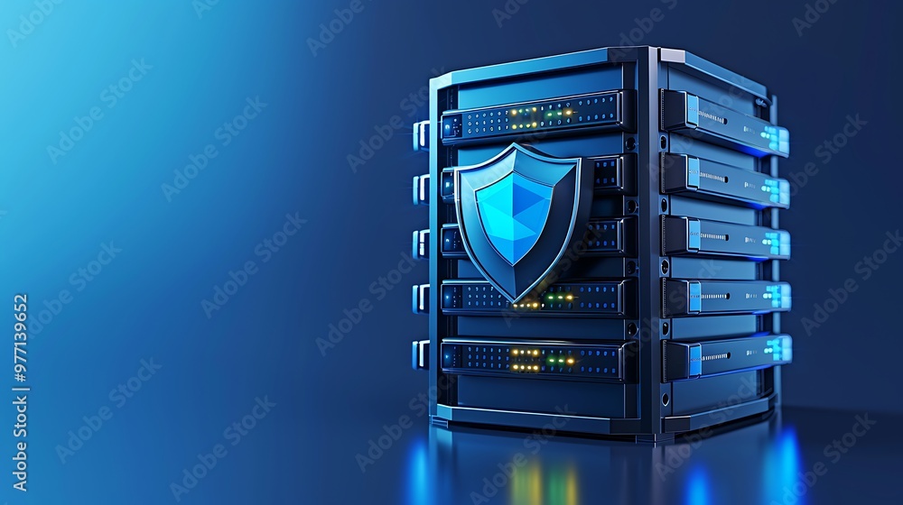 Poster a secure server with a protective shield emblem, illustrating data security and technology in a mode