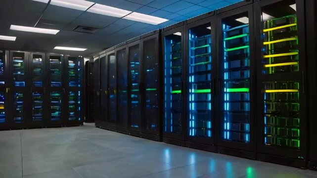 Server room with rows of black servers, lit with blue and green lights, with a grey tiled floor.