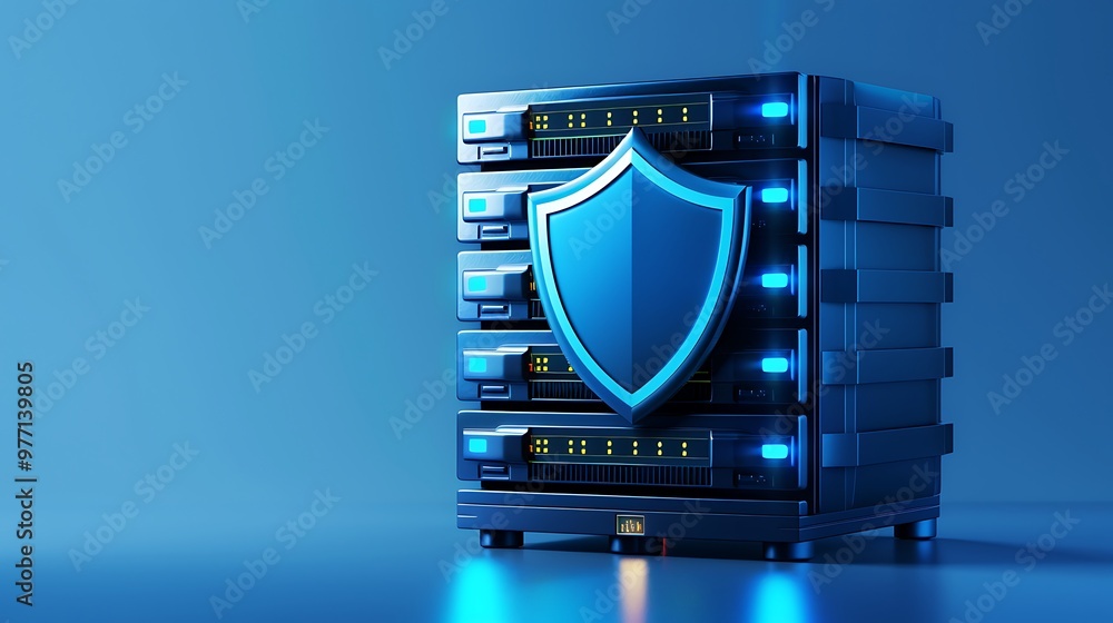 Poster a secure server with a shield emblem, symbolizing data protection and cybersecurity in a modern digi