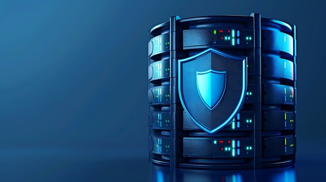 A secure server with a shield symbol, representing data protection, cybersecurity, and technology in a modern digital environment.