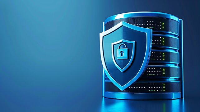 A secure server with a shield symbolizing data protection and cybersecurity in a modern digital environment.