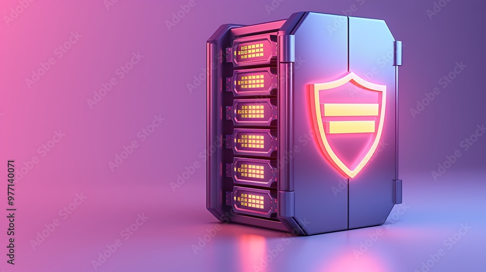 Poster a sleek, futuristic data storage system with a glowing shield symbol, representing advanced cybersec