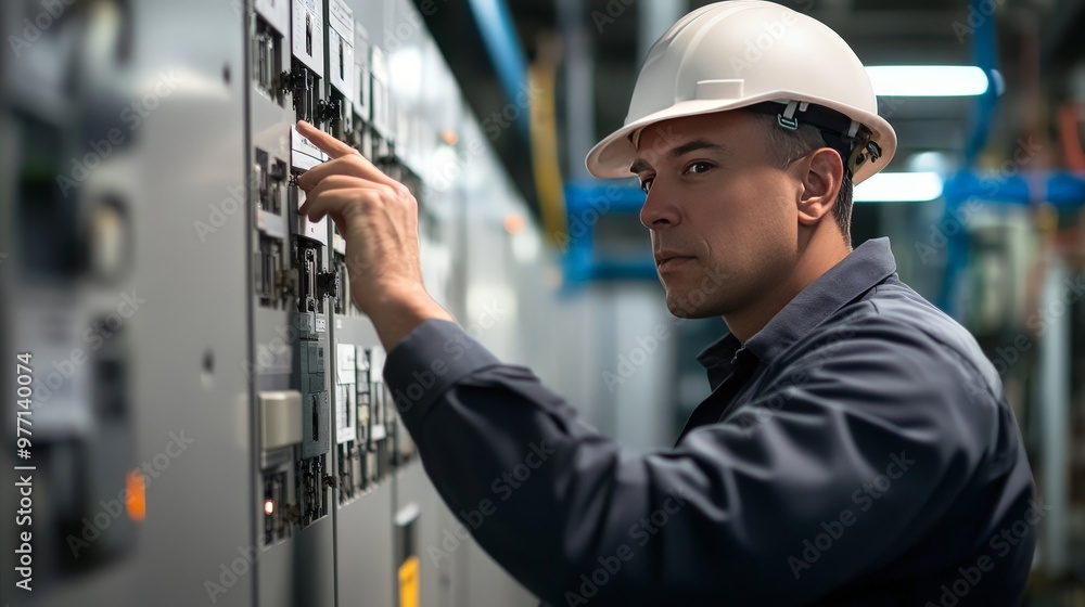 Poster the image captures a maintenance engineer examining the relay protection system of medium voltage sw