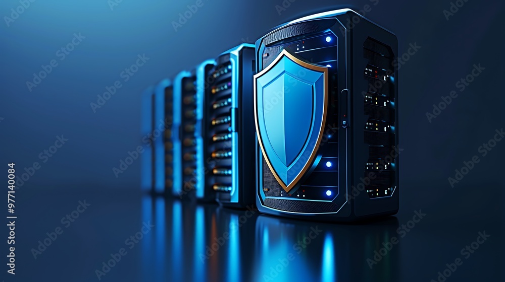 Poster a sleek data server with a blue shield icon representing security and protection in a modern digital