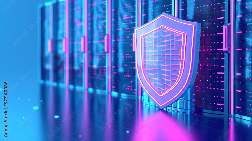 Poster a sleek data center with a glowing shield symbolizing cybersecurity and data protection in digital t