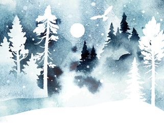 Watercolor vector snowy landscape with isolated coniferous forest, owl, river in blue colors. Nature winter illustration with snowfall in the forest. Design for christmas card, gift card, poster