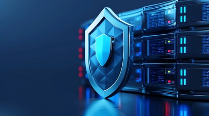 A sleek blue shield icon symbolizes data security and protection, set against a backdrop of advanced server technology.