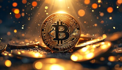 Golden bitcoin shining brightly in a digital currency realm, embraced by a radiant halo of light