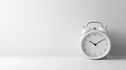 A minimalist white alarm clock, placed on a smooth white background, with simple black numbers.