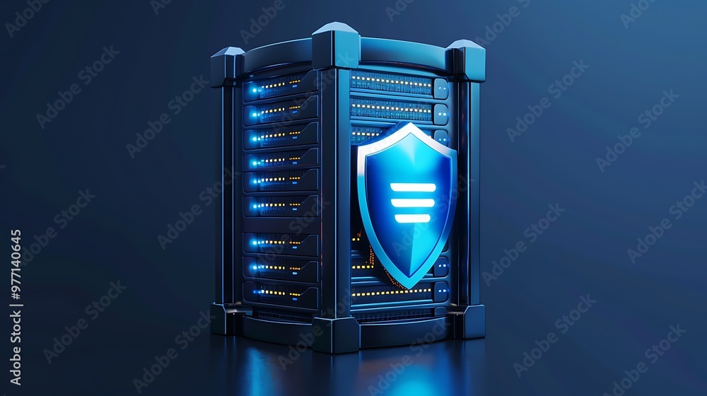 Poster a stylish server with a blue shield, symbolizing data protection and cybersecurity in modern technol