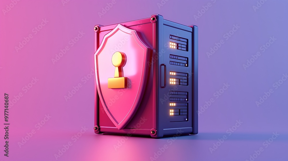 Poster a stylized data server secured with a shield and lock symbol, representing cybersecurity and data pr