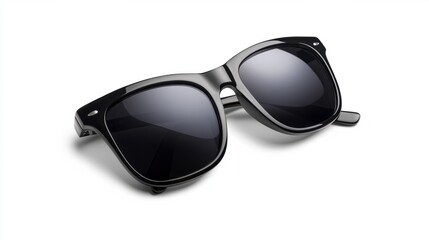 A pair of sunglasses with dark lenses, isolated on a white background, positioned slightly at an angle.