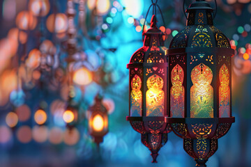 Naklejka premium Beautiful greeting card with bright holiday composition for happy and joy celebrate Ramadan