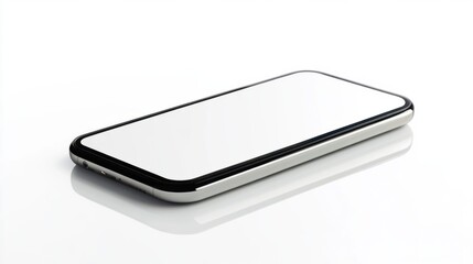 A smartphone with a blank screen, placed flat on a white background, with a slight reflection.