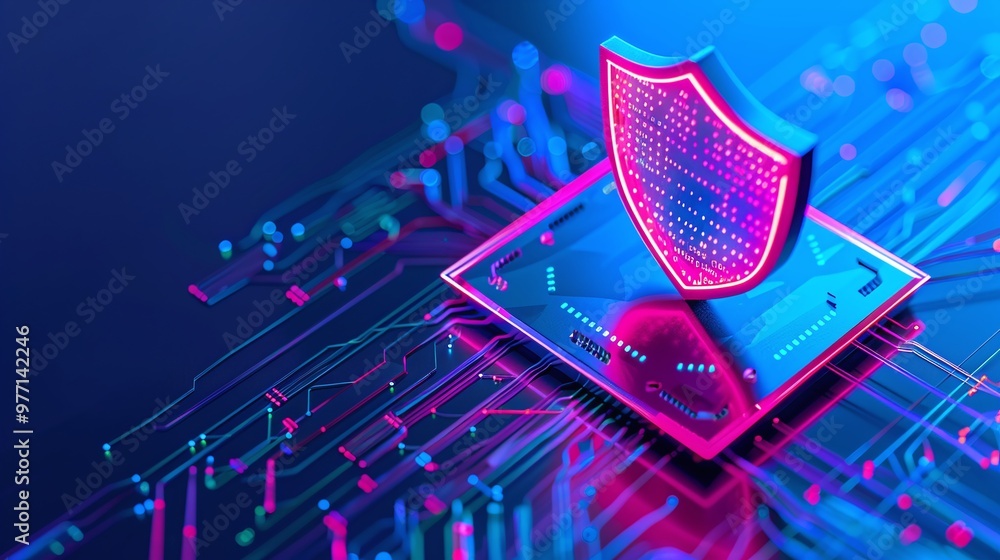 Aufkleber a vibrant digital illustration of a secure shield on a circuit board, symbolizing advanced cybersecu