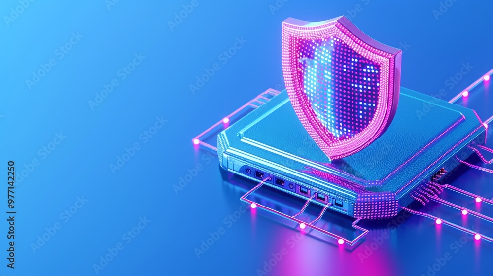 Poster a vibrant digital illustration of a security shield on a microchip, symbolizing cybersecurity and da